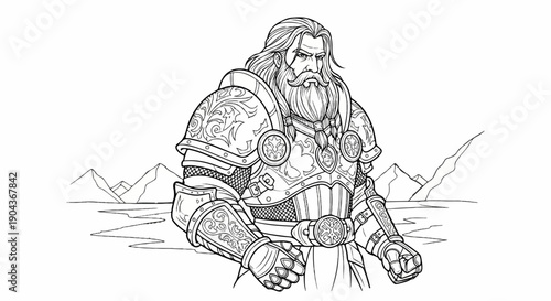 A detailed line drawing of a stern, bearded warrior in ornate armor, set against mountains