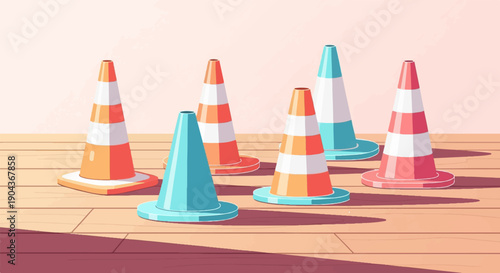 A collection of brightly colored traffic cones arranged on a wooden floor
