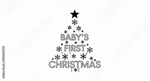 A Christmas tree design made of snowflakes and text celebrating a baby's first Christmas