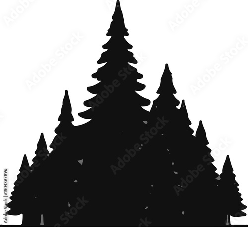 A dark silhouette of a group of coniferous trees against a white background