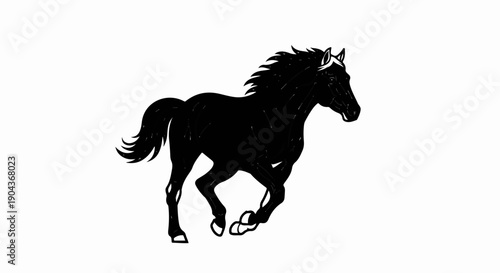 A black horse with a flowing mane and tail gallops across a white background