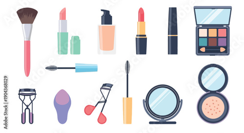 Collection of essential cosmetic products including brushes lipsticks mascara foundation eyeshadow palettes and powder compacts for beauty routines