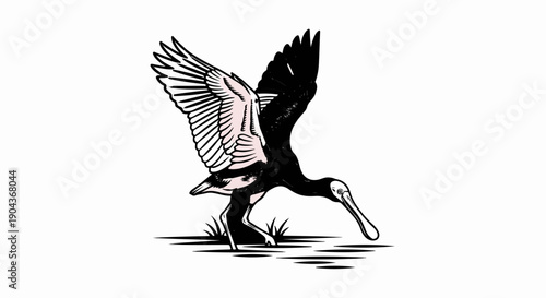 A black ibis bird with wings spread, foraging in water