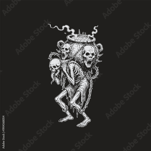 Vintage woodcut engraving of a tattered skeleton carrying a heavy steaming cauldron adorned with screaming skulls in dark gothic ritual style.