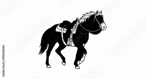 A black horse with a white mane and tail, wearing a saddle, stands on white