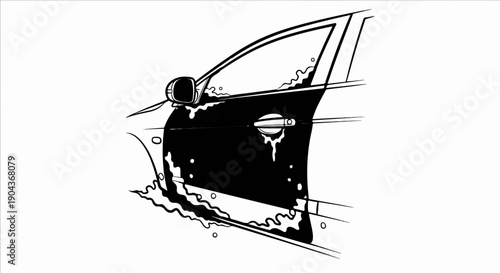 A black ink sketch of a car door covered in water splashes and drips
