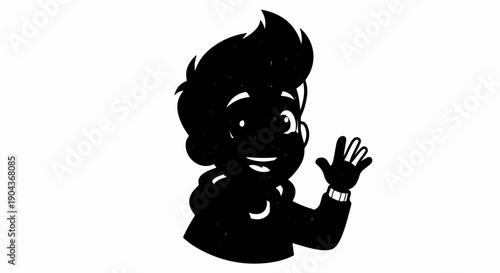 A cartoon boy in a hoodie with a spiky hairstyle waves hello