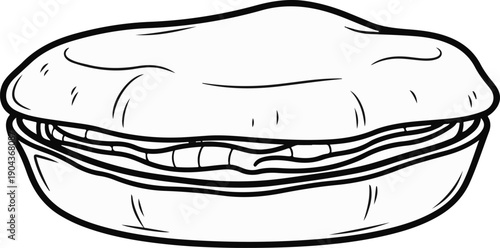 A black and white outline drawing of a large, open sandwich with layers of filling