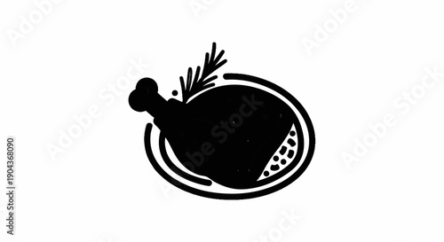A black icon depicting a stylized chicken leg and garnish on a plate