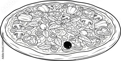 A black and white outline drawing of a pizza with various toppings
