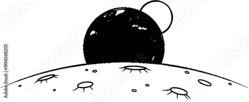 A black orb with a handle sits on a barren, cratered surface