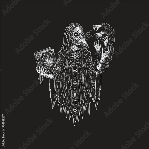 Vintage woodcut engraving of a mystical plague doctor sorcerer holding an eye book and conjuring spirits in dark gothic occult style