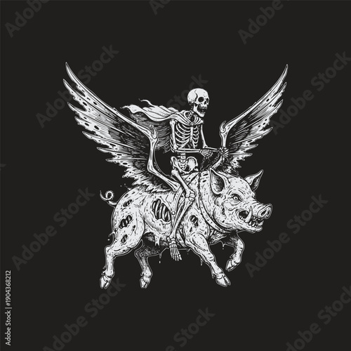 Vintage woodcut engraving of a human skeleton riding a monstrous winged flying boar in dark gothic fantasy style.