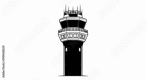 A black and white illustration of an air traffic control tower