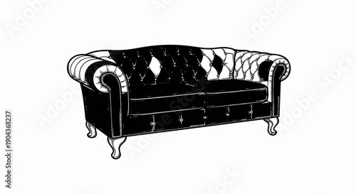 A black and white illustration of a tufted Chesterfield sofa with rolled arms