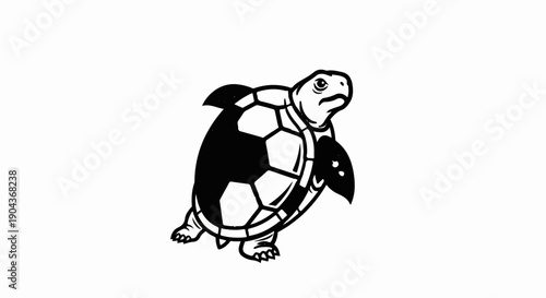 A black and white illustration of a turtle with a soccer ball shell