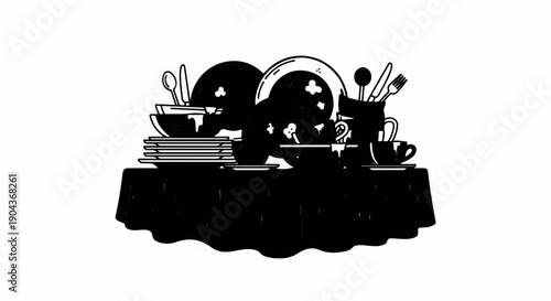 A black and white illustration of a table laden with stacked dishes, cups, and cutlery