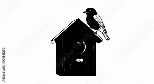 A black and white illustration of birds at a birdhouse with two birds