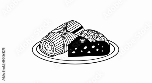 A black and white illustration of a tamale and a wedge of cheese