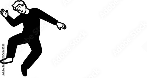 A black and white illustration of a stylized person falling