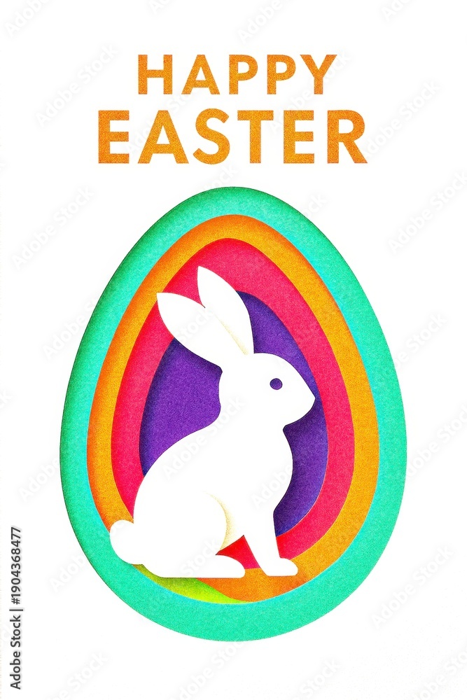 Fototapeta premium Happy Easter bunny in layered paper cut colorful egg