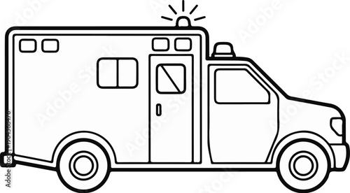 A black and white outline drawing of an ambulance with a siren on top