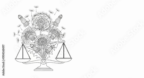 A balanced scale holds blooming dandelions and floating seeds