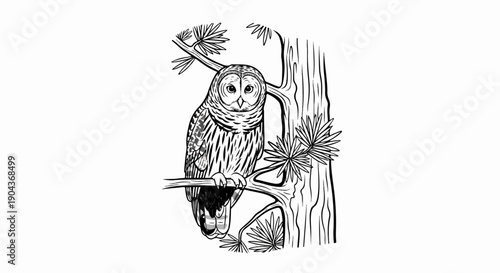 A barred owl perched on a pine tree branch, drawn in black ink