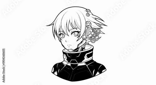 A black and white anime-style drawing of a cyborg with detailed mechanical elements