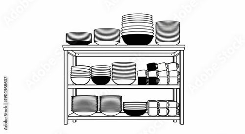 A cart filled with stacked dishes and cups