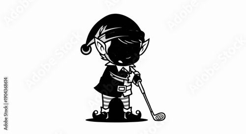 A black and white cartoon elf in festive attire holds a golf club