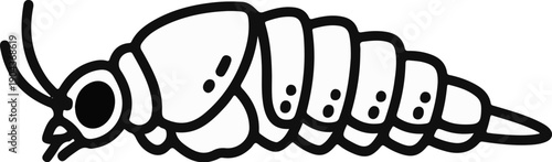 A black and white cartoon drawing of a segmented insect larva with antennae