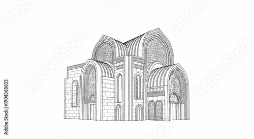 A detailed line drawing of a stone building with arched windows and domes