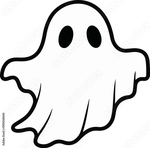 A black and white cartoon ghost with simple oval eyes and wavy edges
