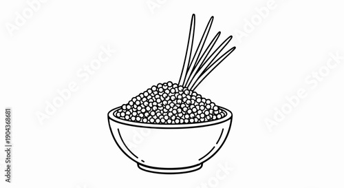 A black and white drawing of a bowl of caviar with chives