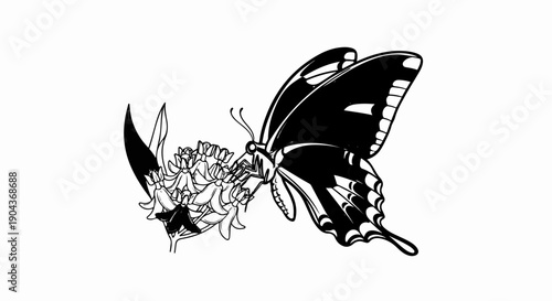 A black and white drawing of a butterfly on a flower
