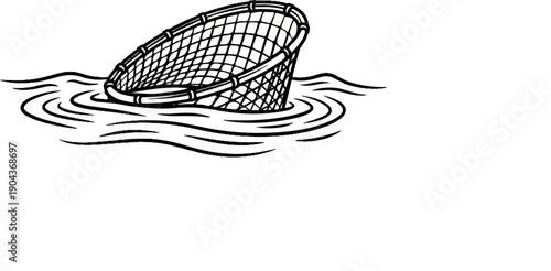 A black and white drawing of a fishing net partially submerged in water