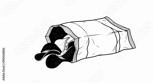 A black and white drawing of an open bag spilling out potato chips