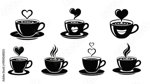 Collection of coffee cups vector illustrations with heart shaped steam depicting love morning routines and romantic beverages on saucers
