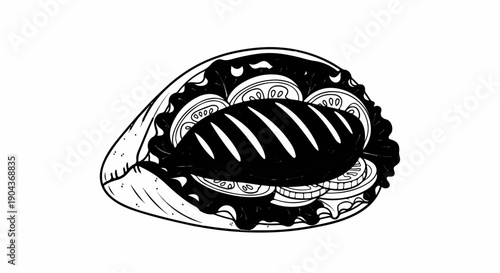A black and white drawing of a wrap filled with lettuce, tomato slices, and a bread roll