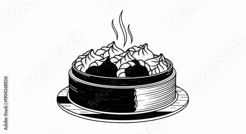 A black and white drawing of dumplings steaming in a bamboo steamer