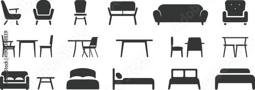 Furniture silhouette vector illustration, chairs tables sofas beds icons, interior design artwork, home decor graphics, household arrangement elements, decorative lifestyle symbols