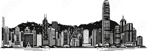 A black and white graphic depiction of a dense urban skyline with numerous high-rise buildings