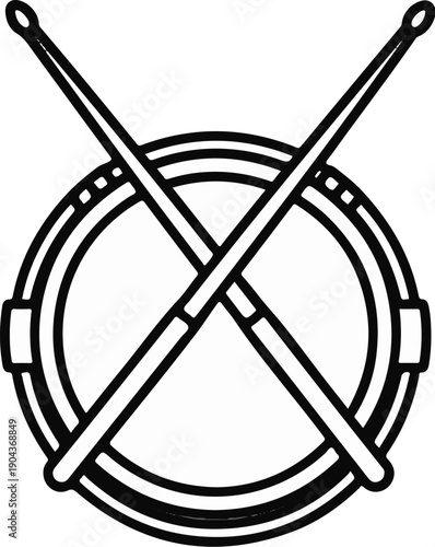 A black and white graphic depicts a snare drum with crossed drumsticks