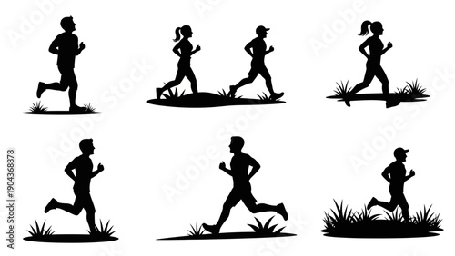 Silhouettes of men and women running outdoors in different poses and environments with grass and shadows for fitness and sport themes