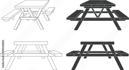 Picnic table vector illustration, front and angled views, line drawing and silhouette artwork, outdoor furniture design elements, construction reference graphics