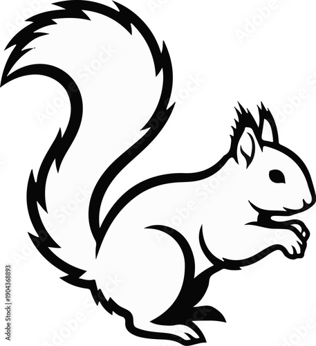 A black and white graphic illustration of a bushy-tailed squirrel holding a nut