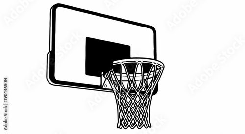 A black and white illustration of a basketball hoop and net