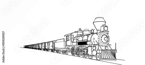 A detailed line drawing shows a vintage steam locomotive with many carriages