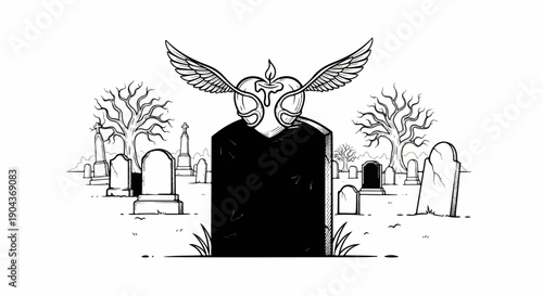 A dark tombstone topped with a flaming heart and wings in a cemetery
